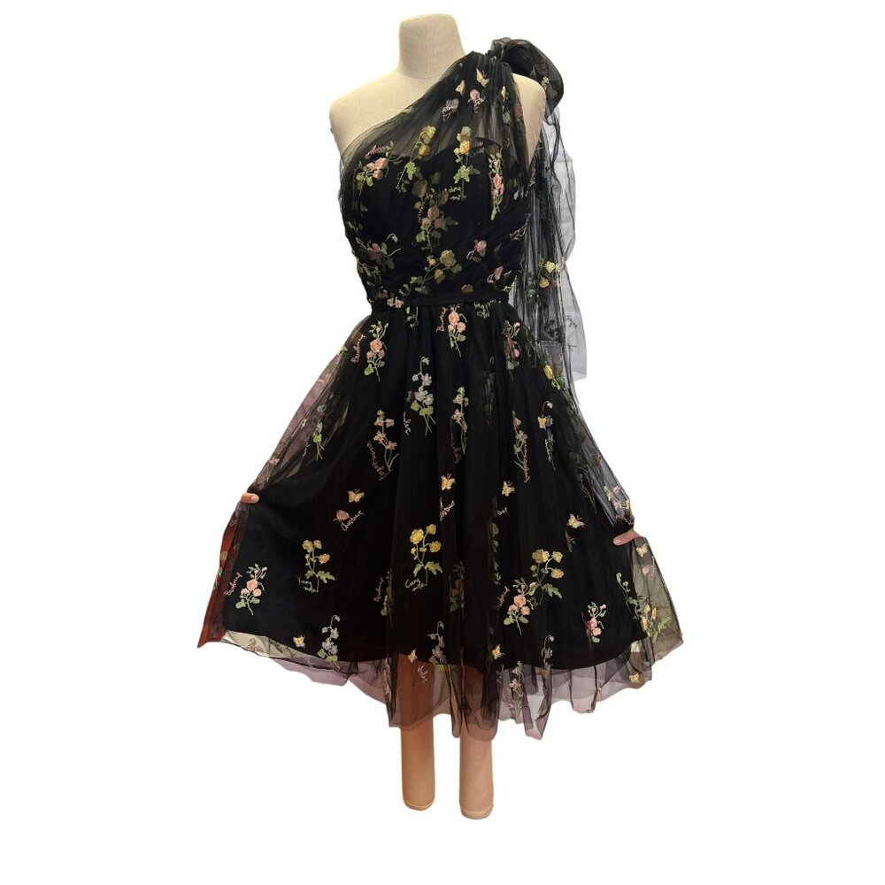 Darling Custom Made Tailored Handmade One-Shoulder Black Floral Embroidered Dres - Picture 7 of 14